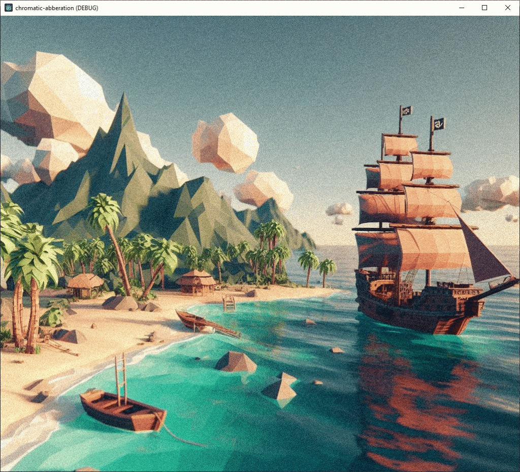 film grain shader effect on scene with pirate ship and sea shore, low poly art