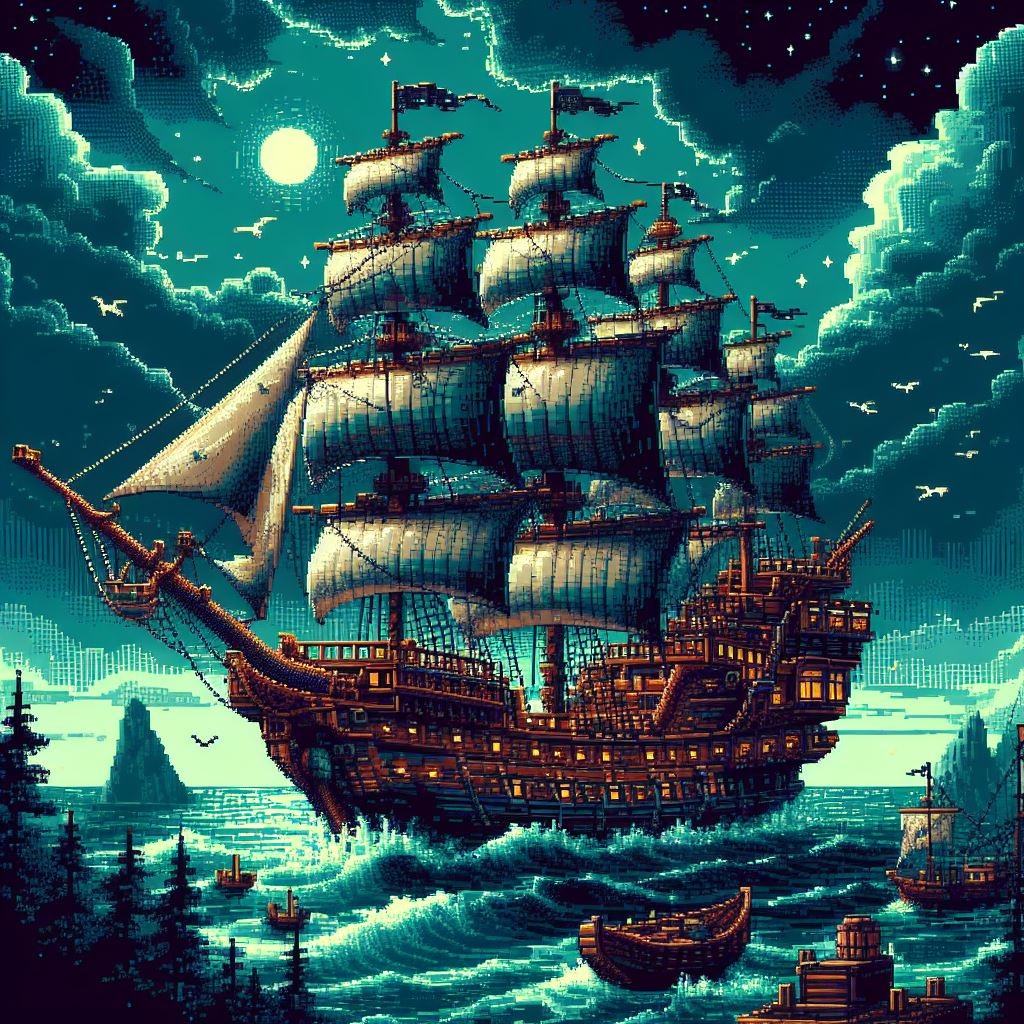 pirate ship in storm, pixel art