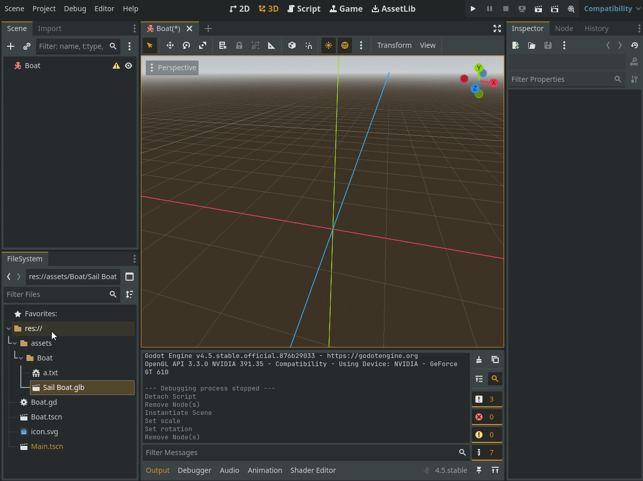3d boat game setup godot